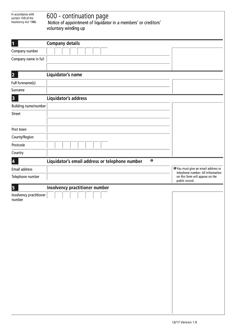 600 Continuation Page Liquidator details continuation page Form 600 Notice of appointment of liquidator in a members or creditors voluntary winding up preview