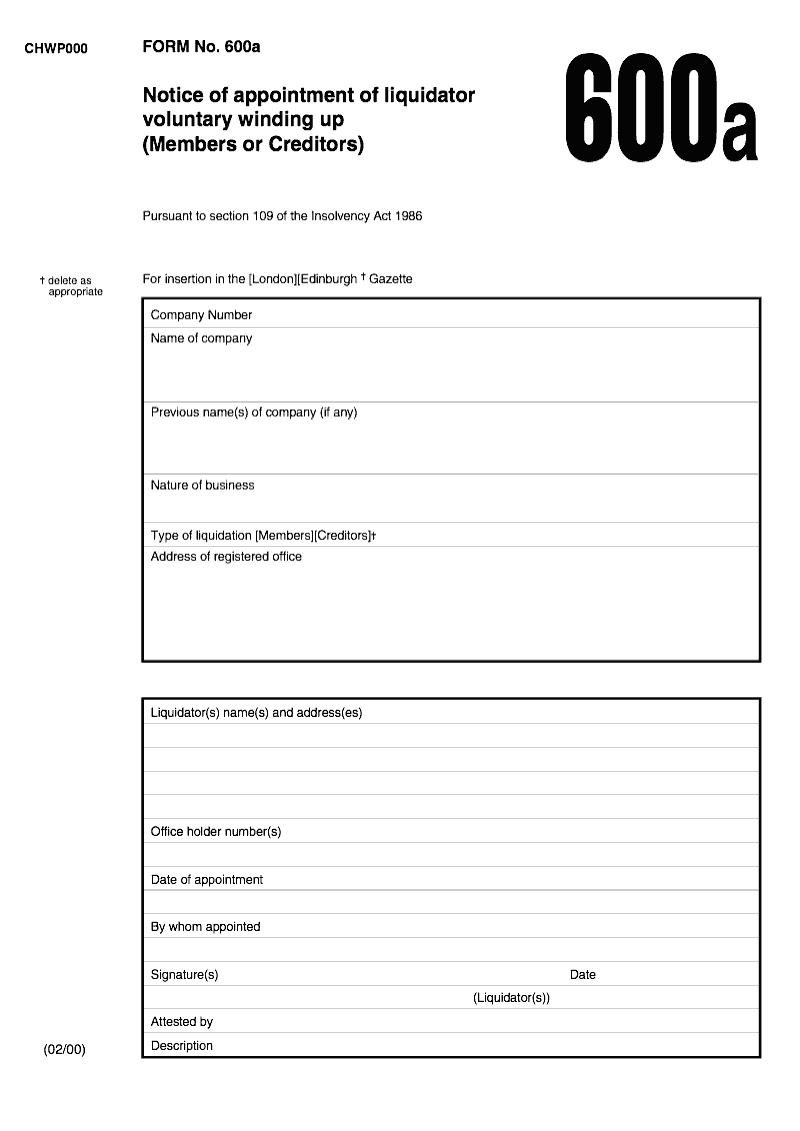 600a Notice of appointment of liquidator voluntary winding up Members or Creditors for insertion in the Gazette preview