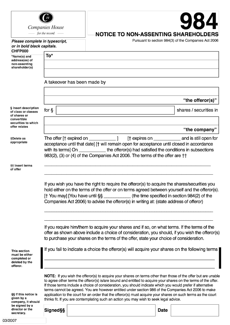 984 Notice to non assenting shareholders Pursuant to section 984 3 of the Companies Act 2006 preview