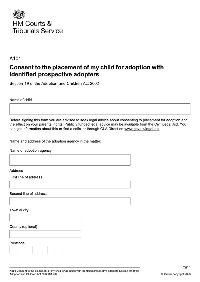 A101 Consent to the placement of my child for adoption with identified prospective adopter Section 19 of the Adoption and Children Act 2002 preview