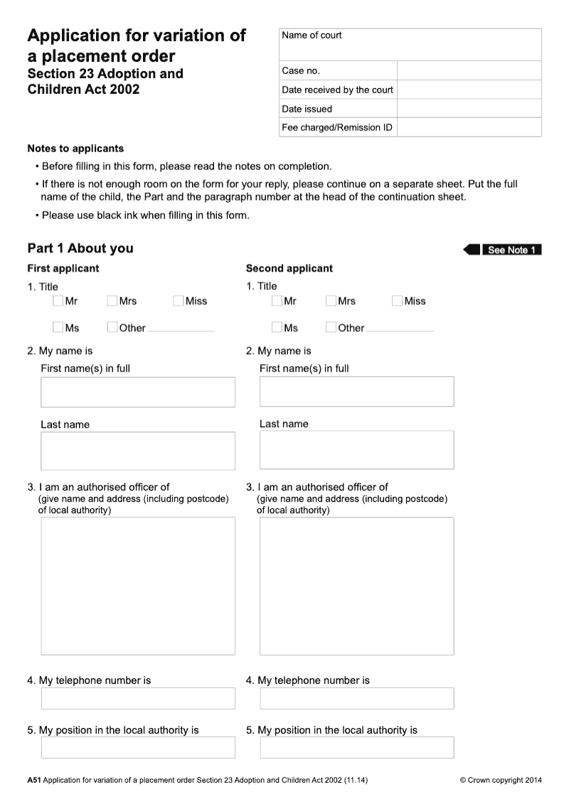 A51 Application for variation of a placement order Section 23 Adoption and Children Act 2002 preview