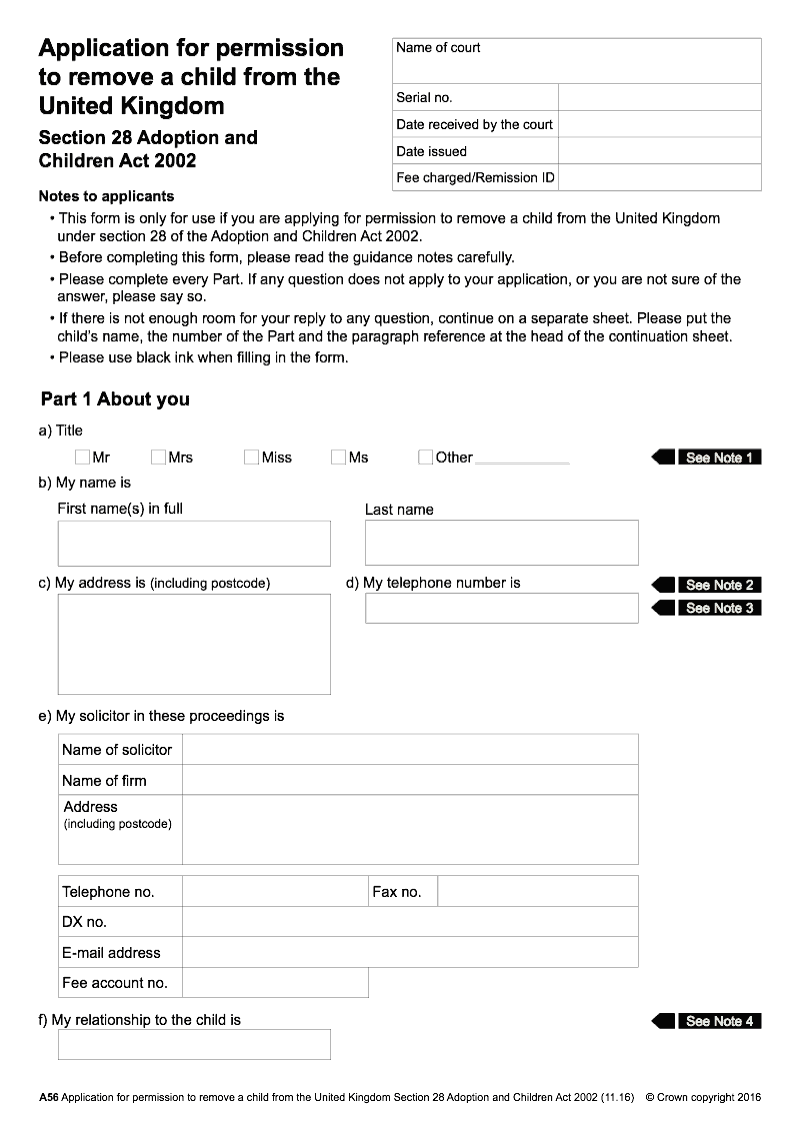 A56 Application for permission to remove a child from the United Kingdom Section 28 Adoption and Children Act 2002 preview