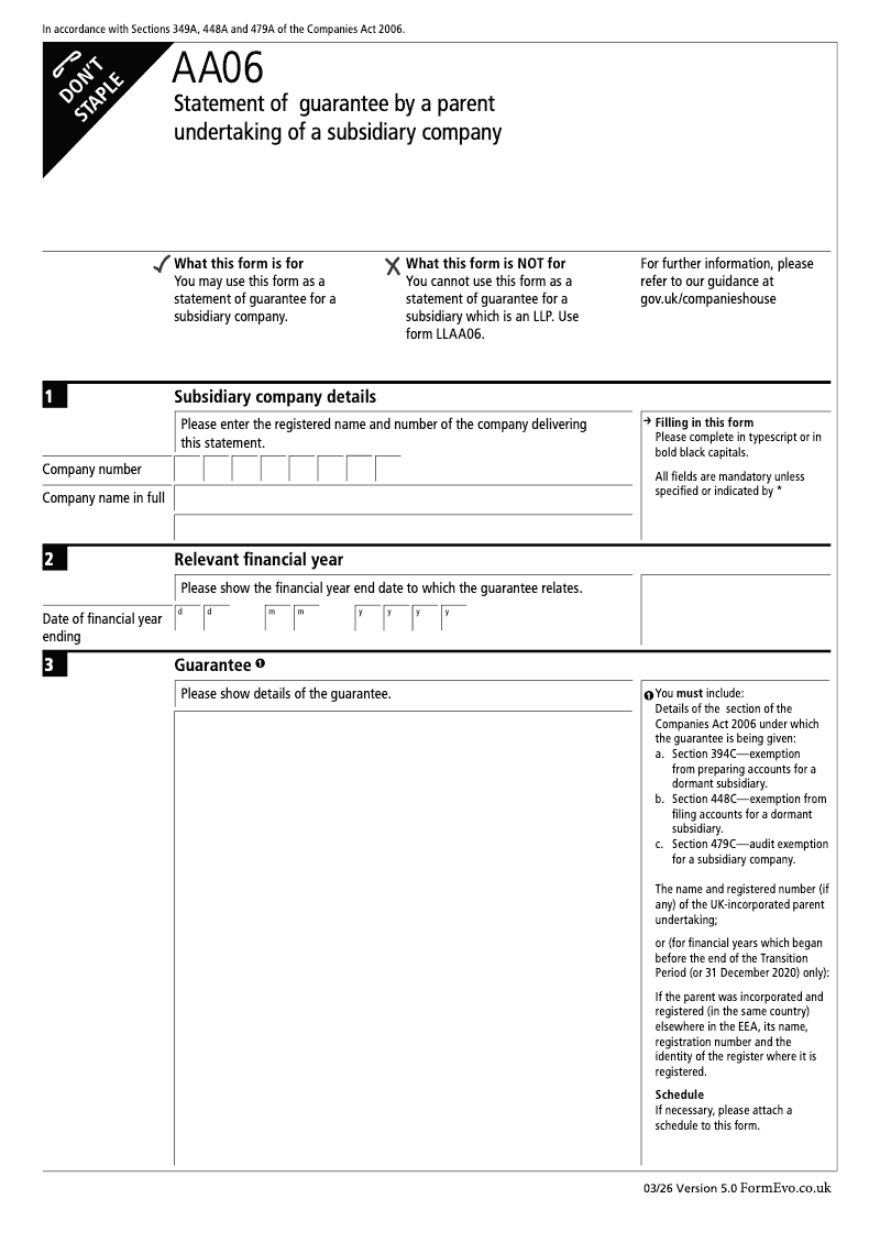 AA06 Statement of guarantee by a parent undertaking of a subsidiary company Sections 349A 448A and 479A preview