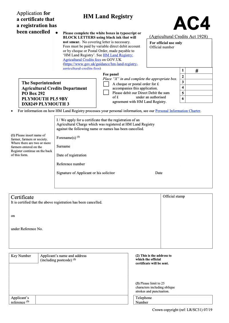 AC4 Application for a certificate that a registration has been cancelled Agricultural Credits Act 1928 preview