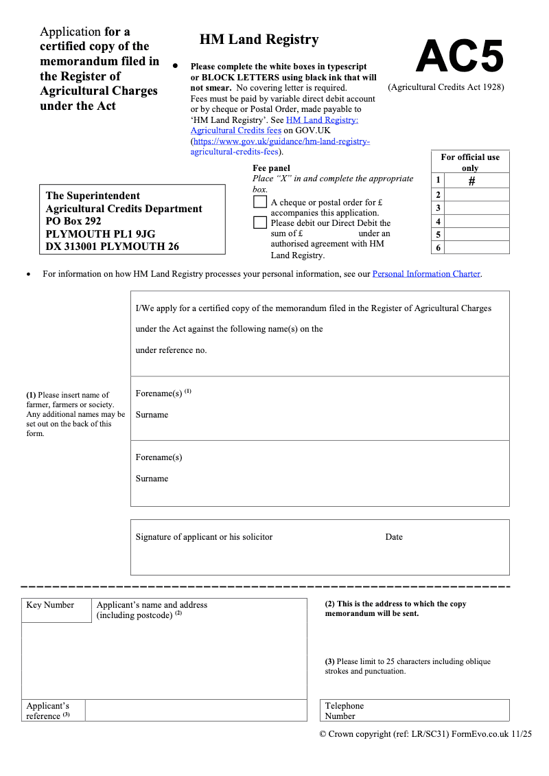 AC5 Application for a certified copy of the memorandum filed in the Register of Agricultural Charges under the Act Agricultural Credits Act 1928 preview
