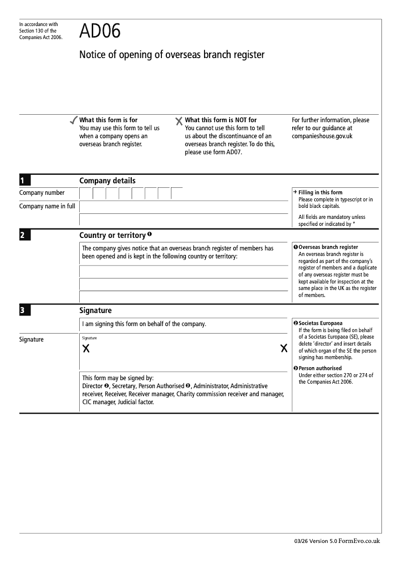 AD06 Notice of opening of overseas branch register Section 130 preview