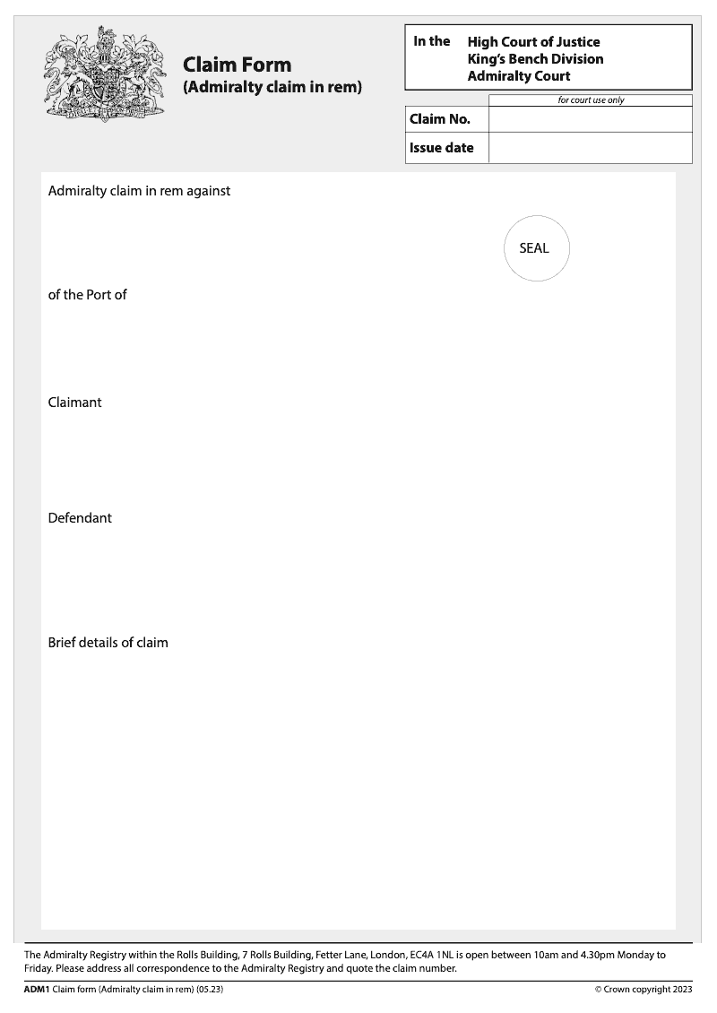 ADM1 Claim form Admiralty claim in rem preview