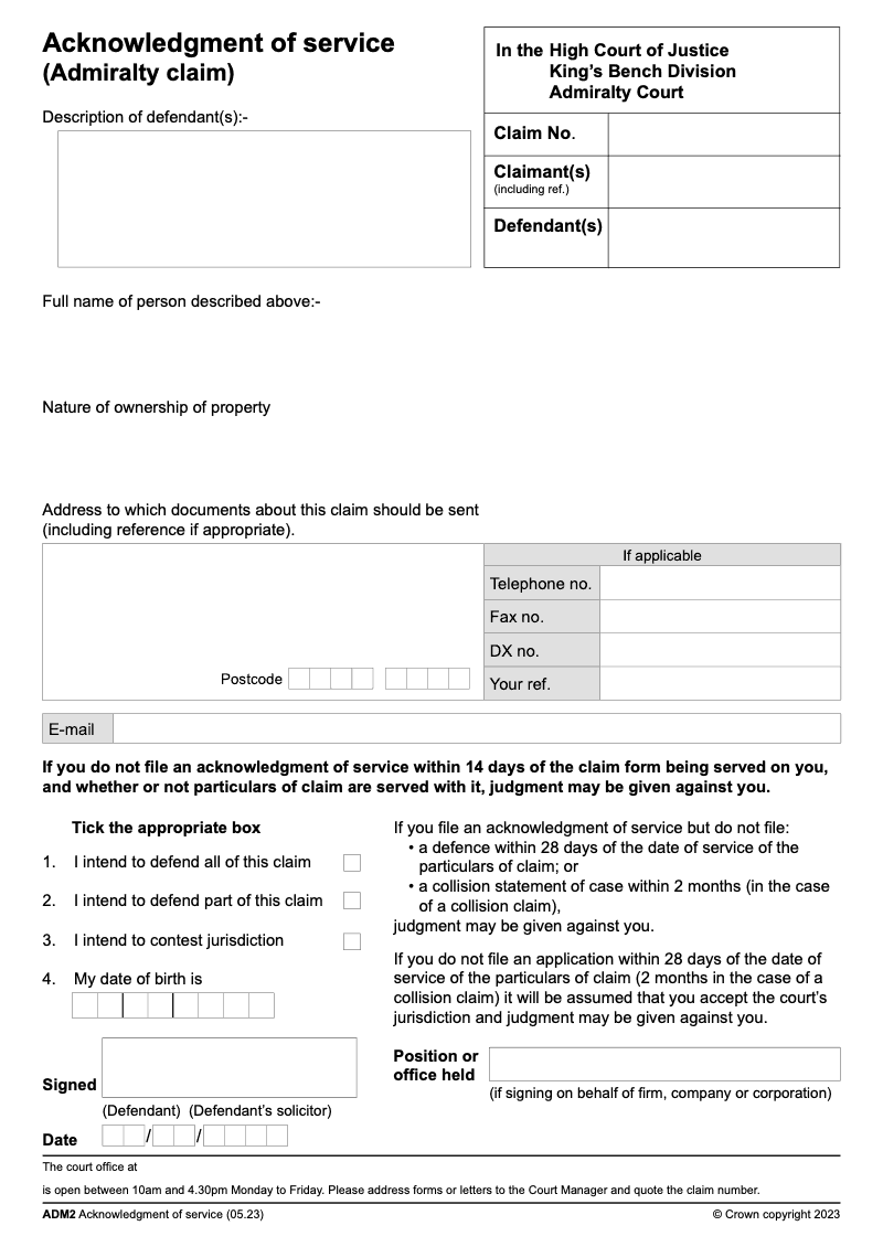 ADM2 Acknowledgment of service Admiralty claim preview