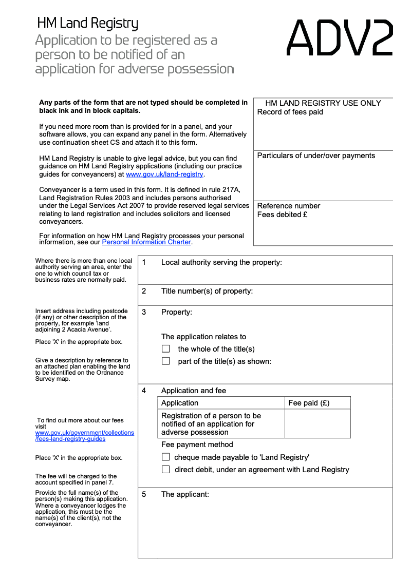 ADV2X Application to be registered as a person to be notified of an application for adverse possession Word Version preview