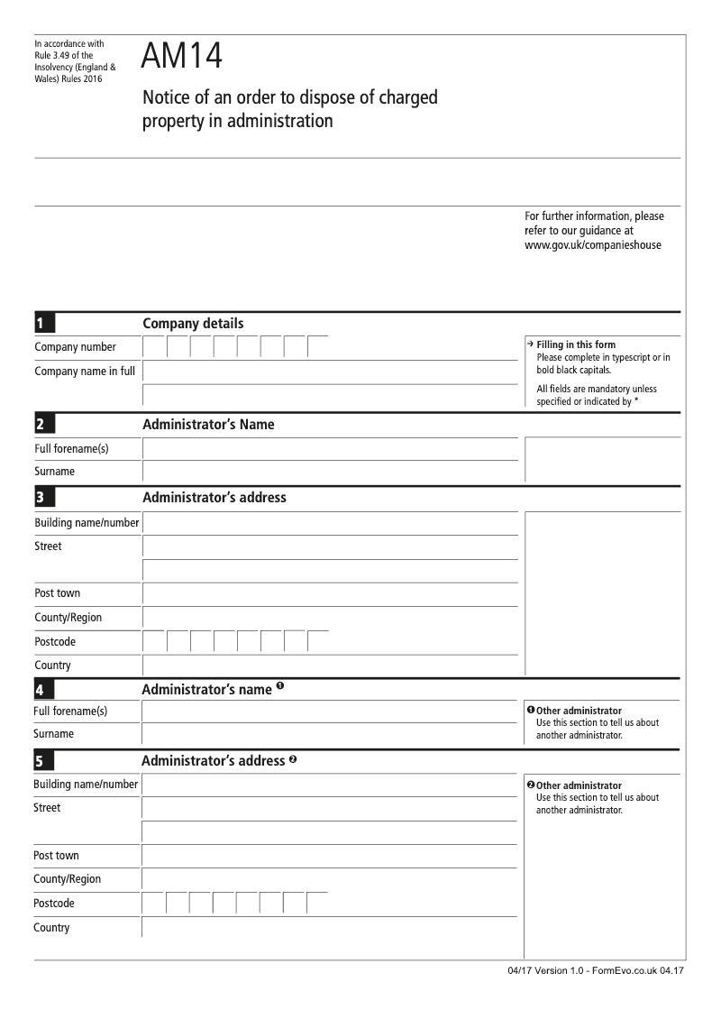 AM14 Notice of an order to dispose of charged property in administration Rule 3 49 preview