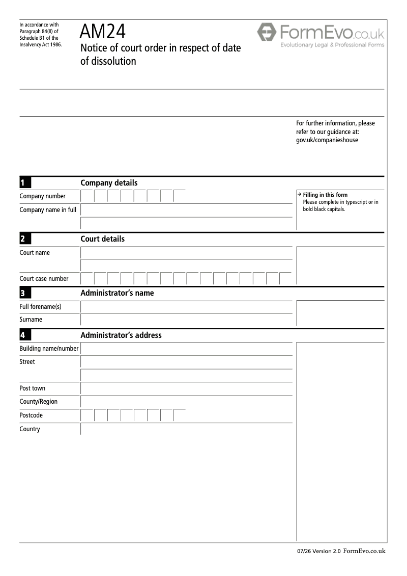 AM24 Notice of court order in respect of date of dissolution Rule 3 61 1 preview