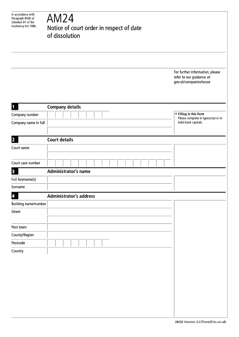 AM24 Notice of court order in respect of date of dissolution Rule 3 61 1 preview