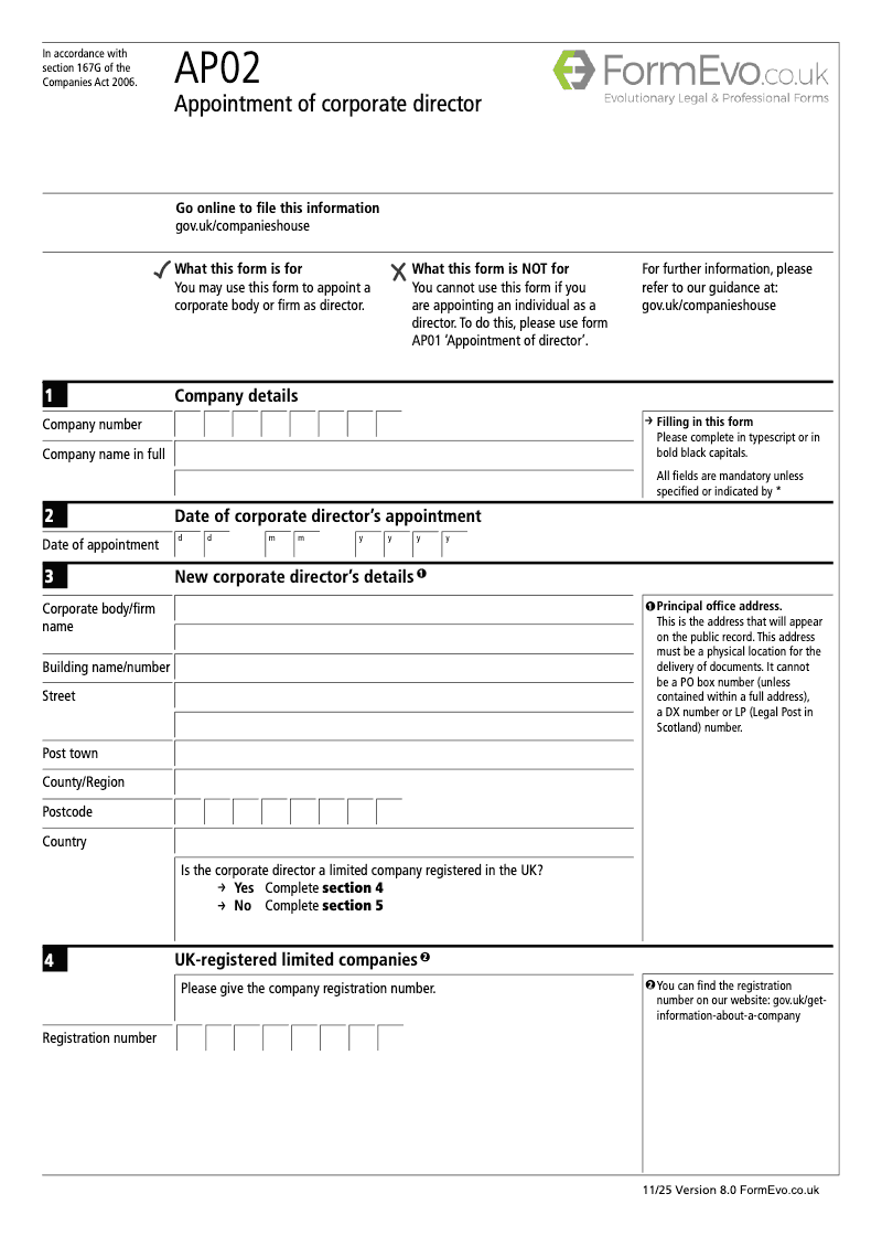 AP02 Appointment of corporate director Section 167 preview