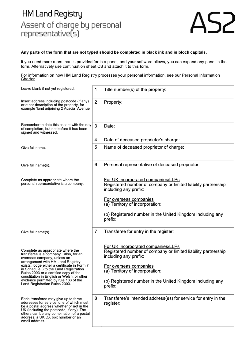 AS2X Assent of charge by personal representative s Word Version preview