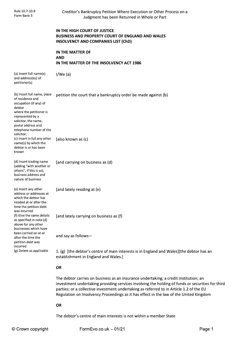 BANK3 Creditor s Bankruptcy Petition Where Execution or Other Process on a Judgment has been Returned in Whole or Part preview