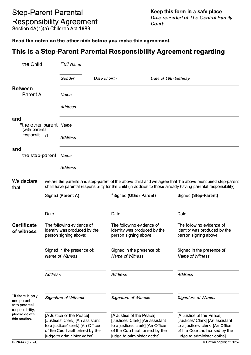 C PRA2 Step Parent Parental Responsibility Agreement Section 4A 1 a Children Act 1989 preview