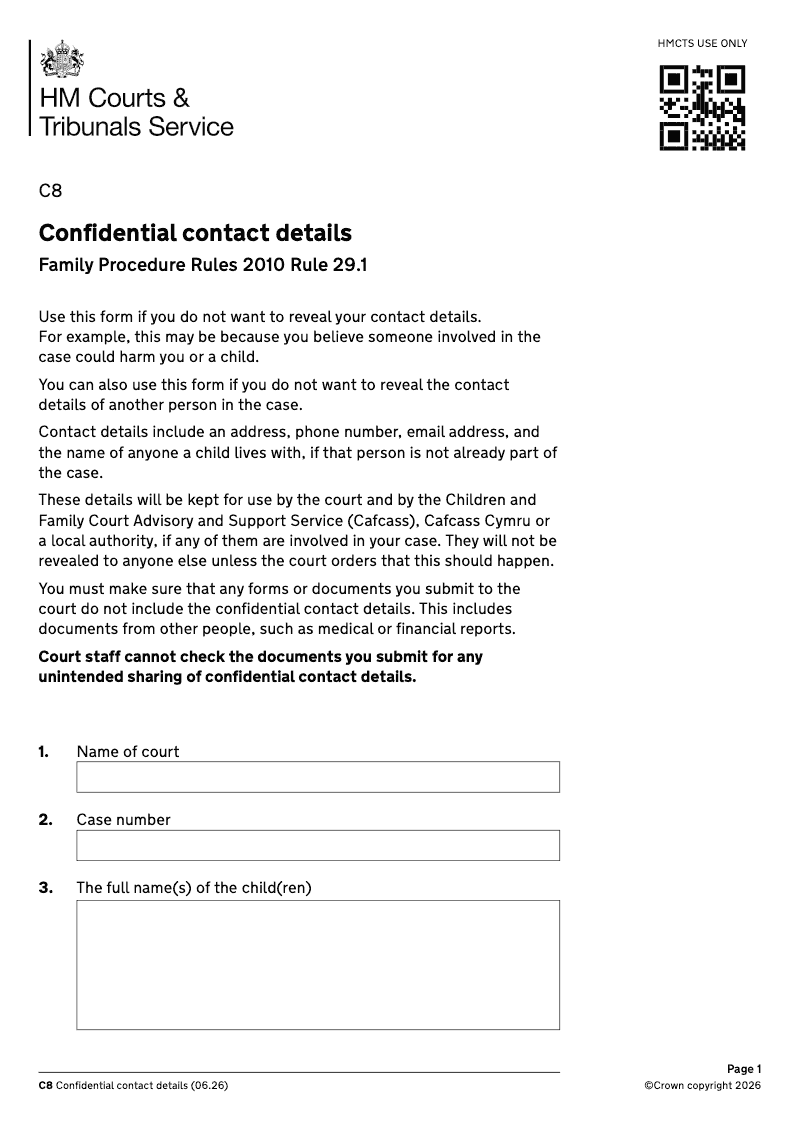 C8 Confidential contact details Family Procedure Rules 2010 Rule 29 (1) preview