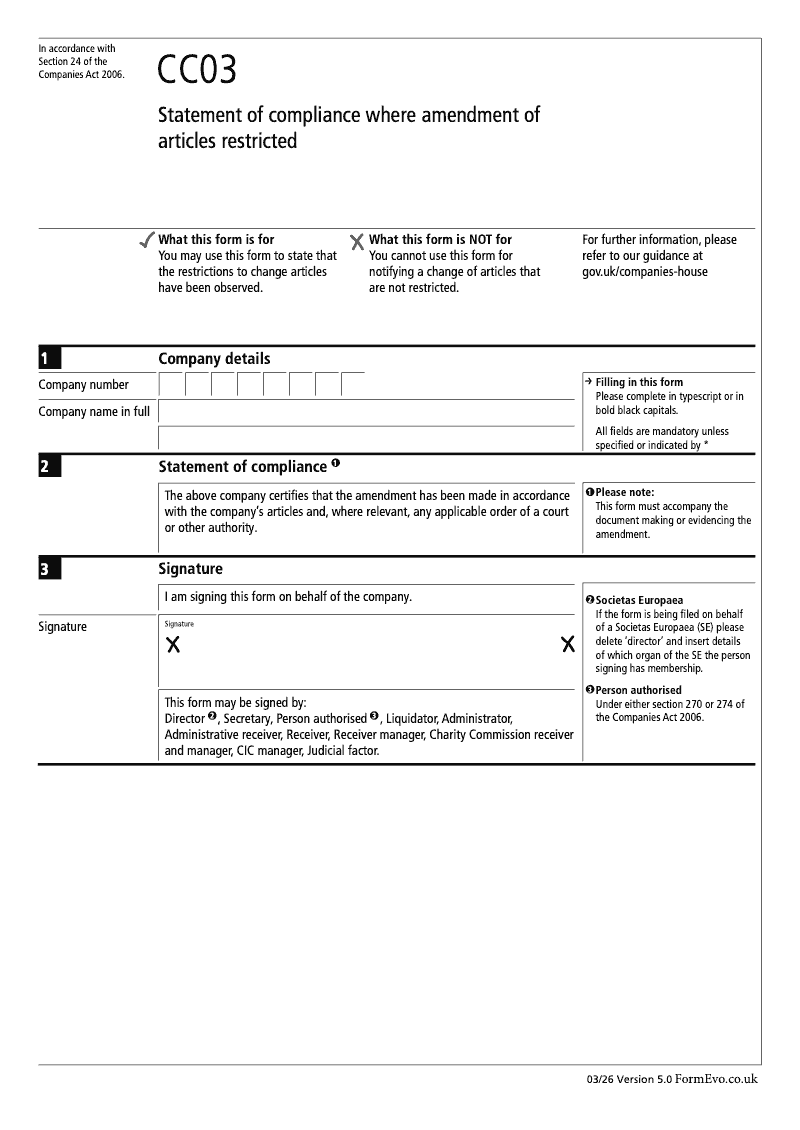 CC03 Statement of compliance where amendment of articles restricted Section 24 preview