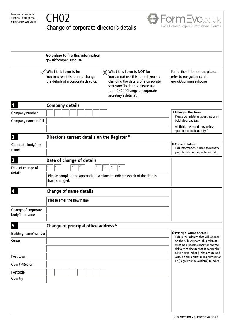 CH02 Change of corporate director s details Section 167 and 167D preview