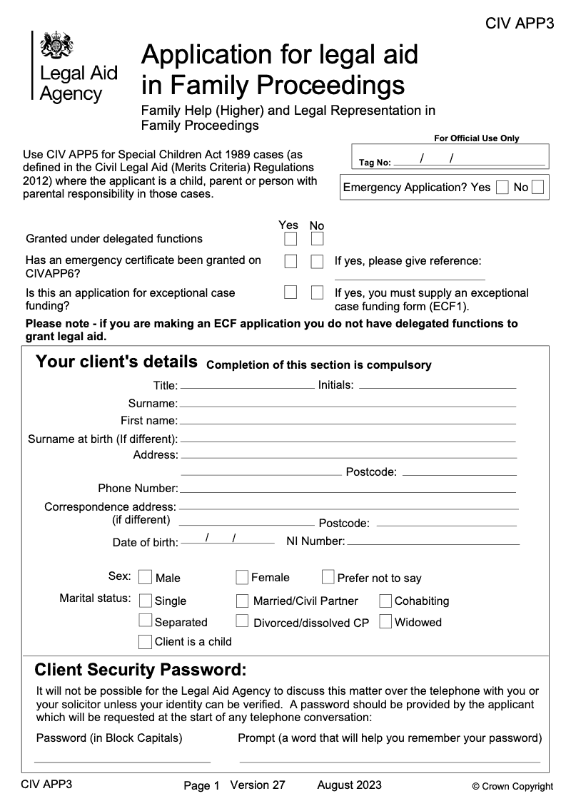 CIV APP3 Application for legal aid in Family Proceedings Family Help Higher and Legal Representation in Family Proceedings preview