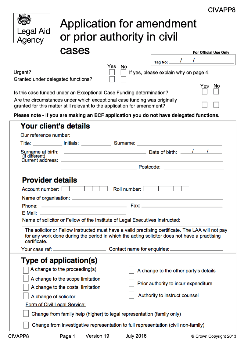 CIV APP8 Application for amendment or prior authority in civil cases preview