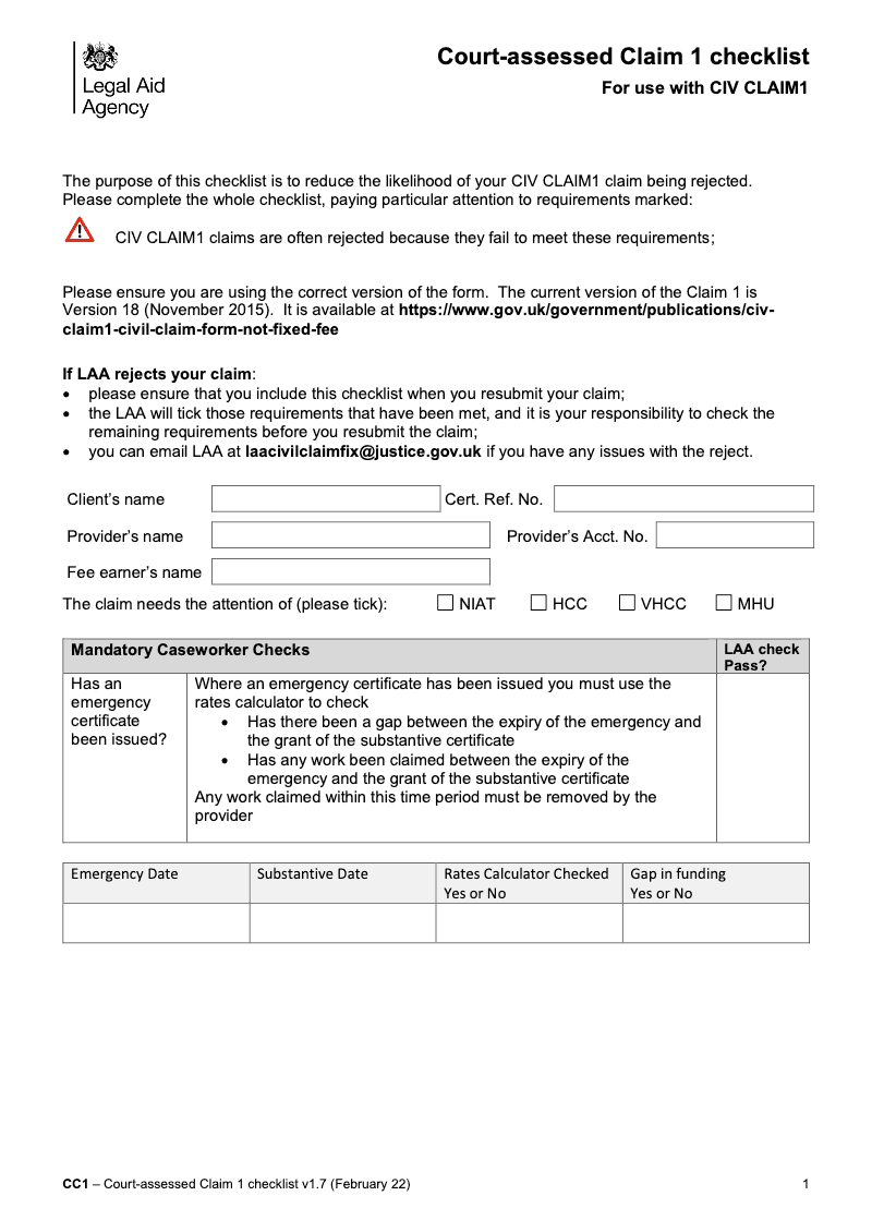 CIV CLAIM1 CC1 Checklist Court assessed Claim 1 checklist for use with CIV CLAIM1 Claim for assessment of costs or payment of costs following detailed assessment in civil cases preview