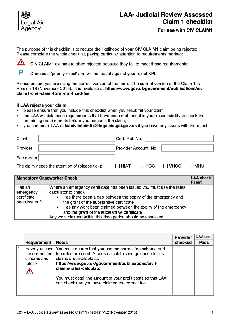CIV CLAIM1 LC1 JR Checklist Legal Aid Agency LAA Judicial Review Assessed Claim 1 checklist for use with CIV CLAIM1 Claim for assessment of costs or payment of costs following detailed assessment in civil cases preview