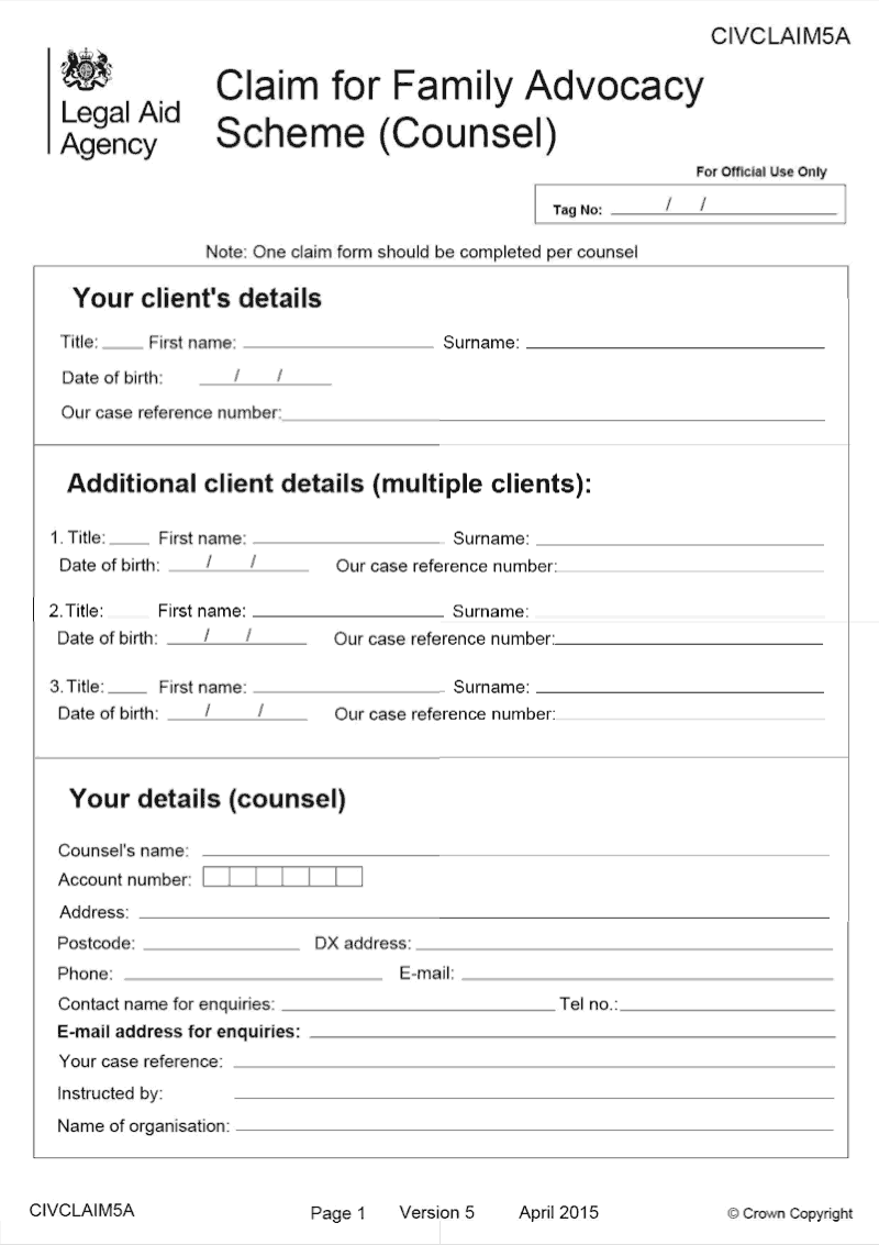 CIV CLAIM5A Claim for Family Advocacy Scheme Counsel preview