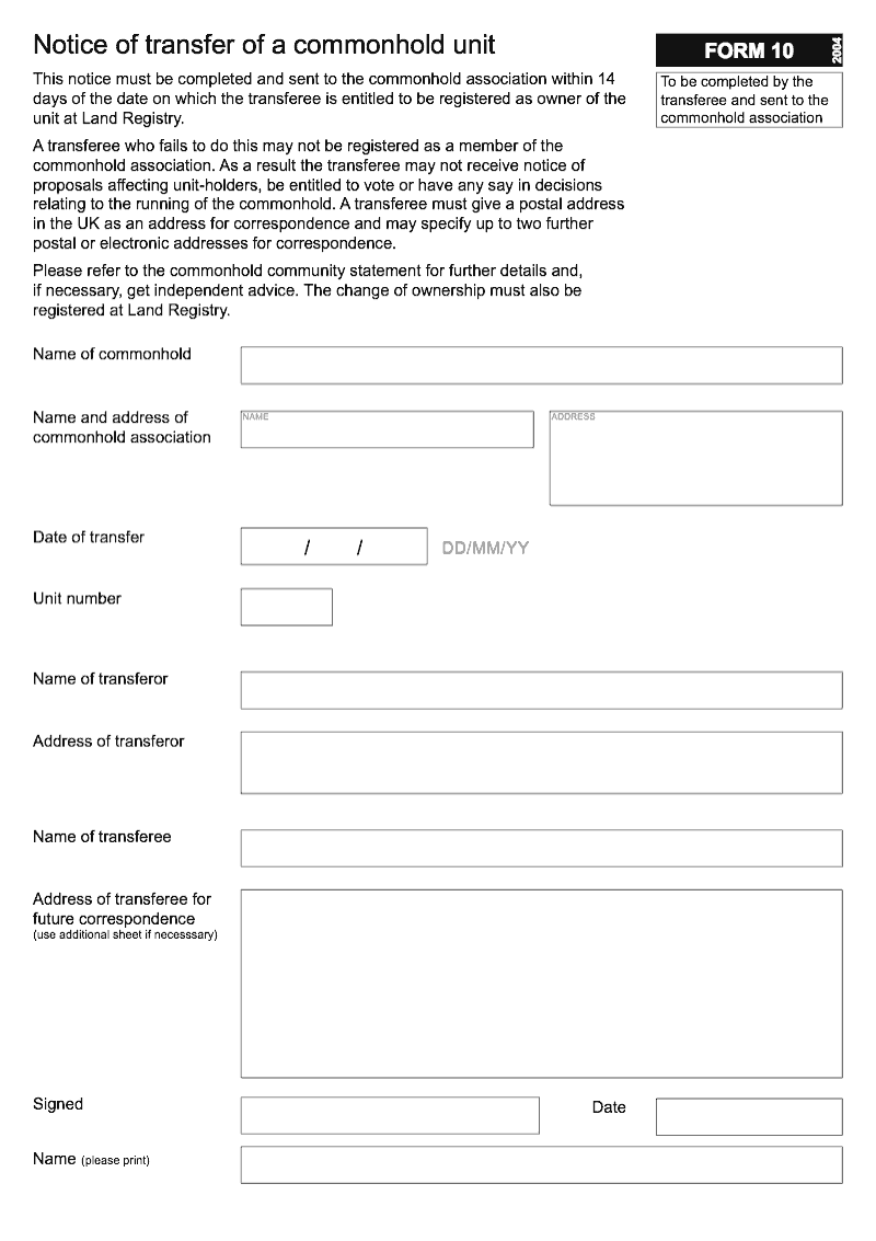 Commonhold 10 Notice of transfer of a commonhold unit Form 10 preview