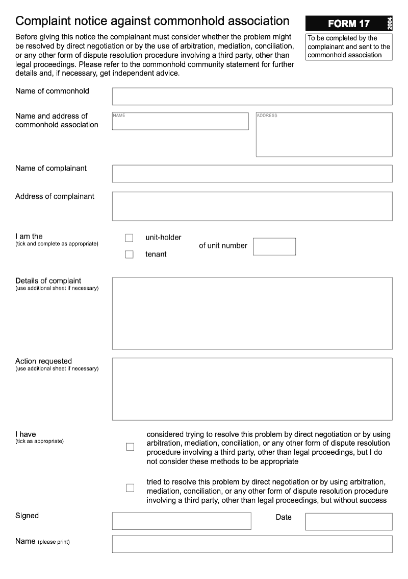 Commonhold 17 Complaint notice against commonhold association Form 17 preview