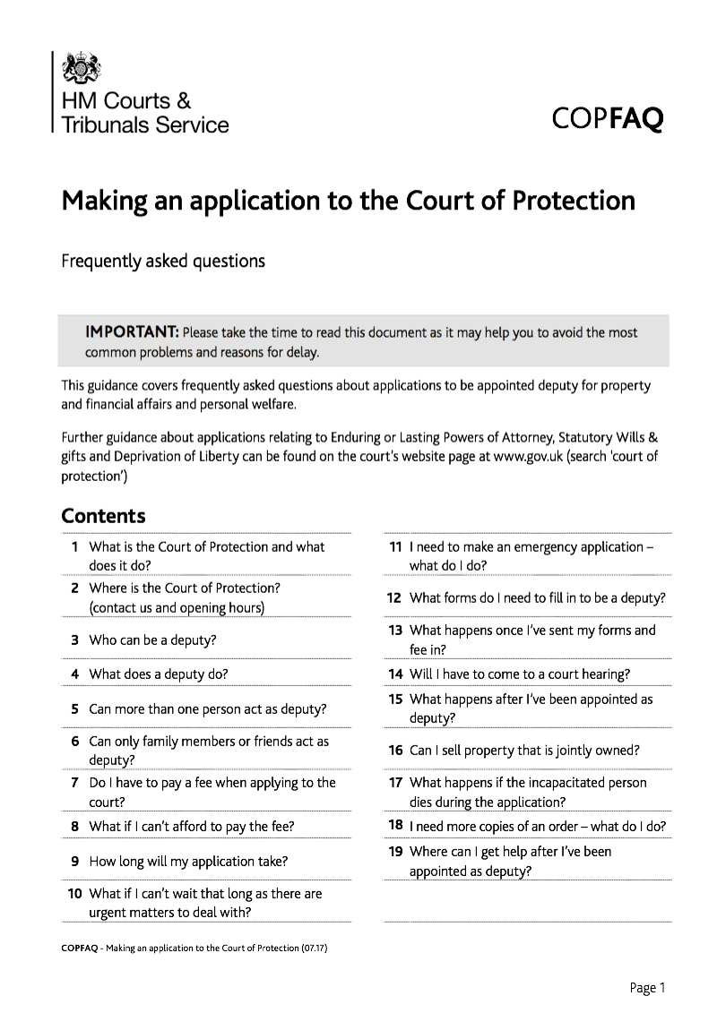 COP FAQ Making an application to the Court of Protection Frequently asked questions preview