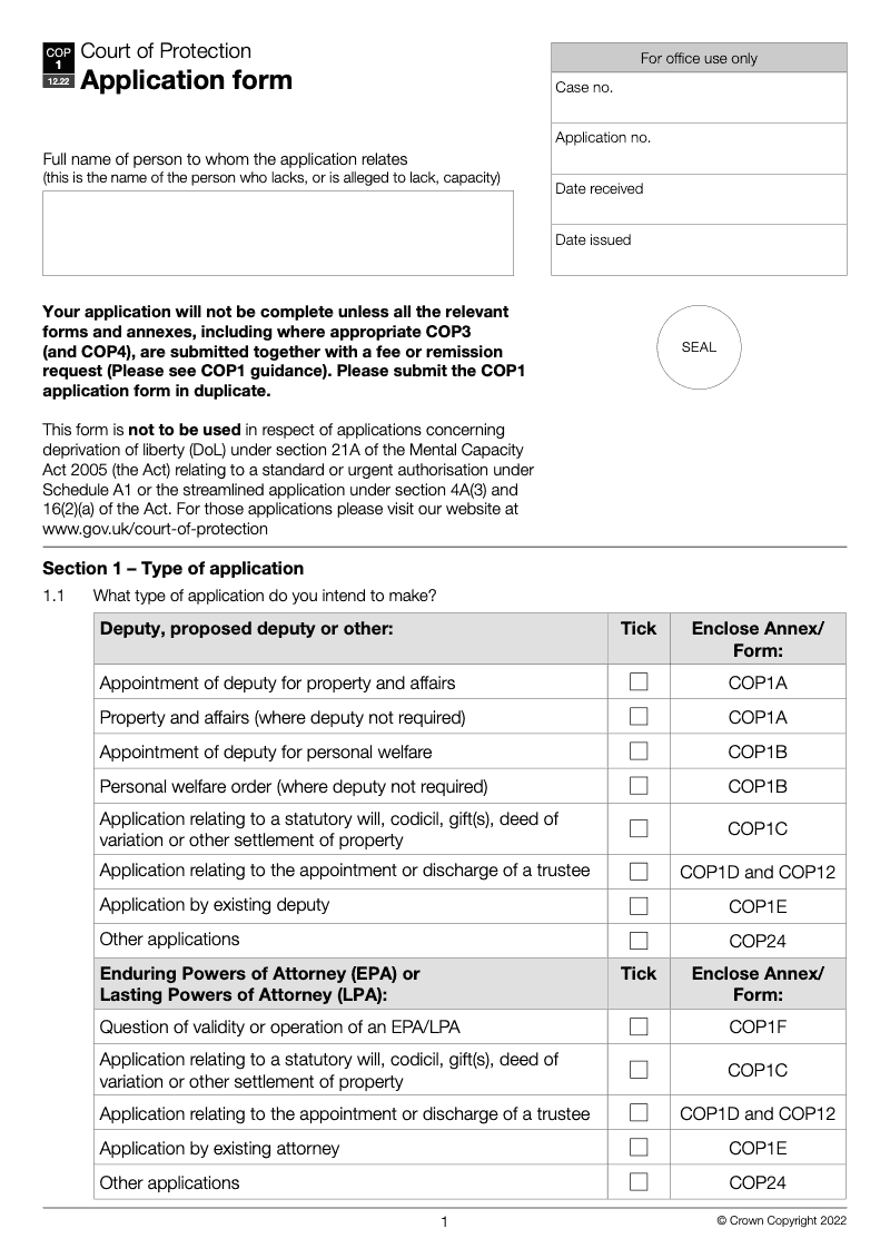 COP1 Application form preview