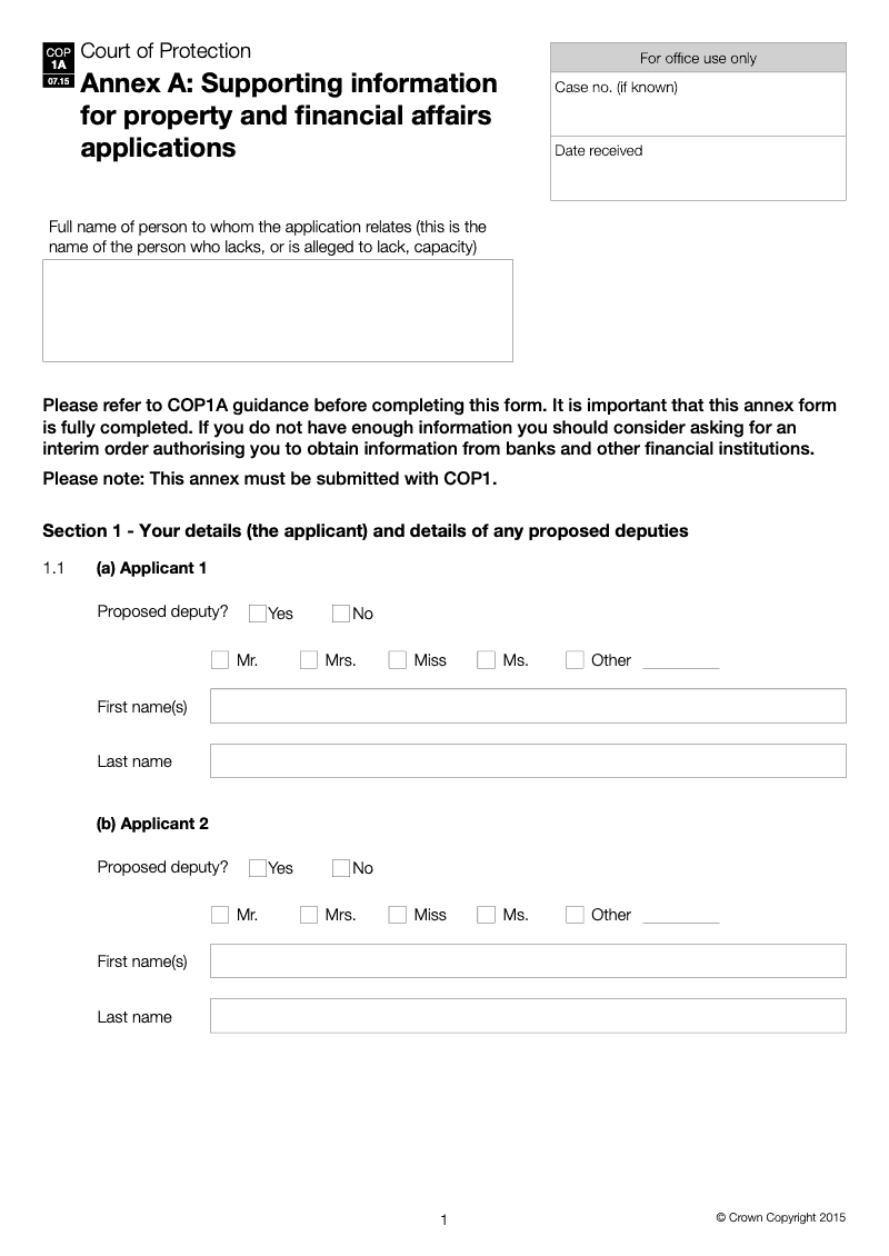 COP1A WF Annex A Supporting information for property and affairs applications COP Workflow form only preview