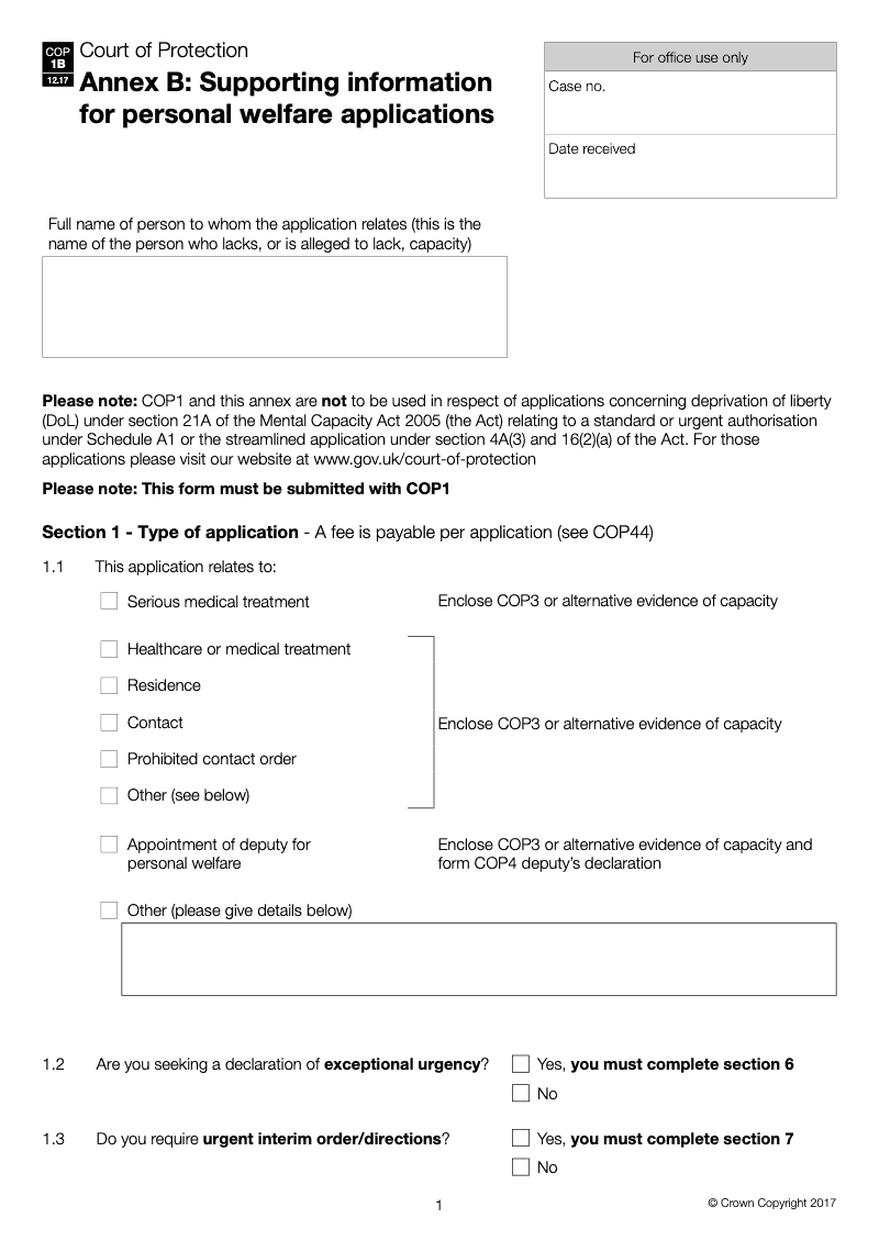 COP1B WF Annex B Supporting information for personal welfare applications COP Workflow form only preview