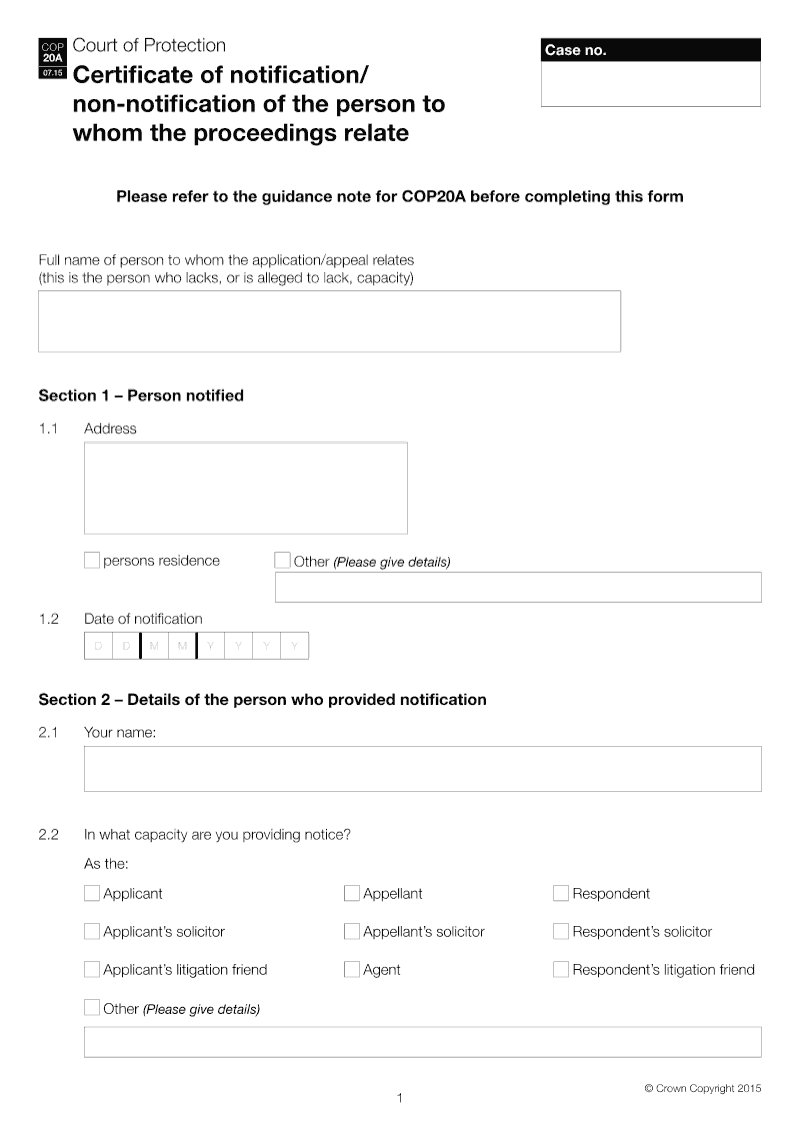 COP20A Certificate of notification non notification of the person to whom the proceedings relate preview