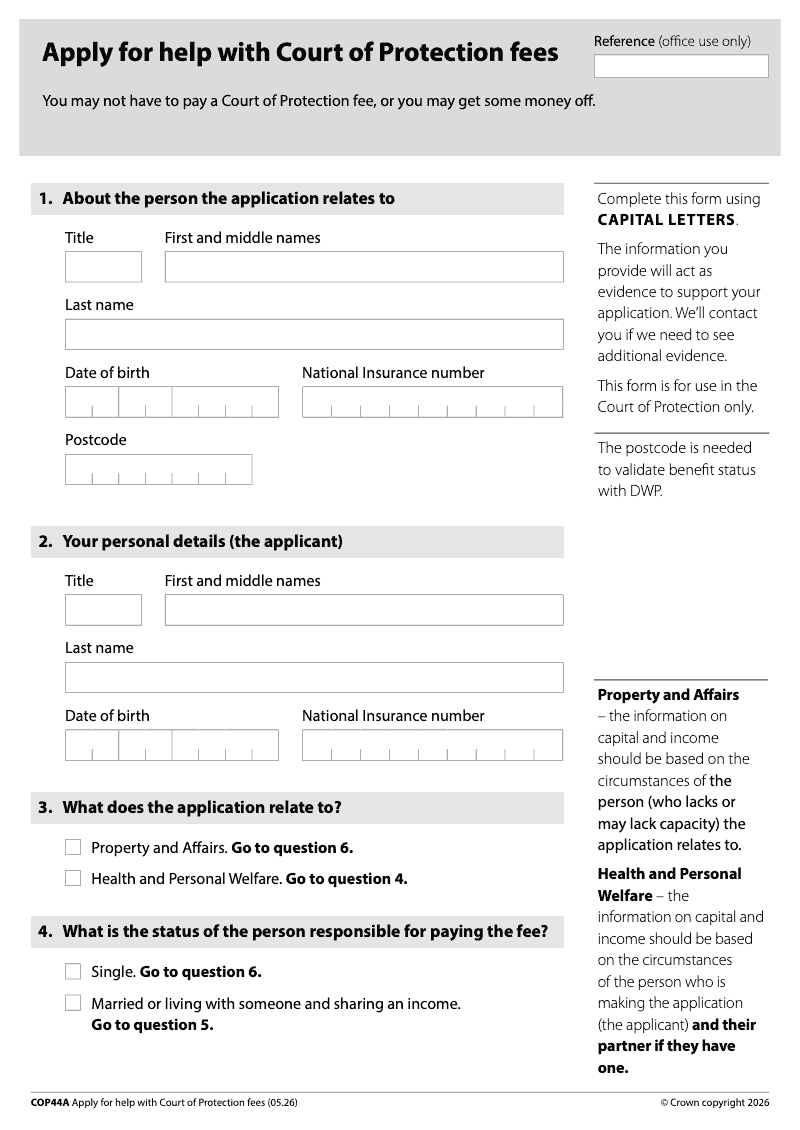 COP44A Apply for help with Court of Protection fees preview