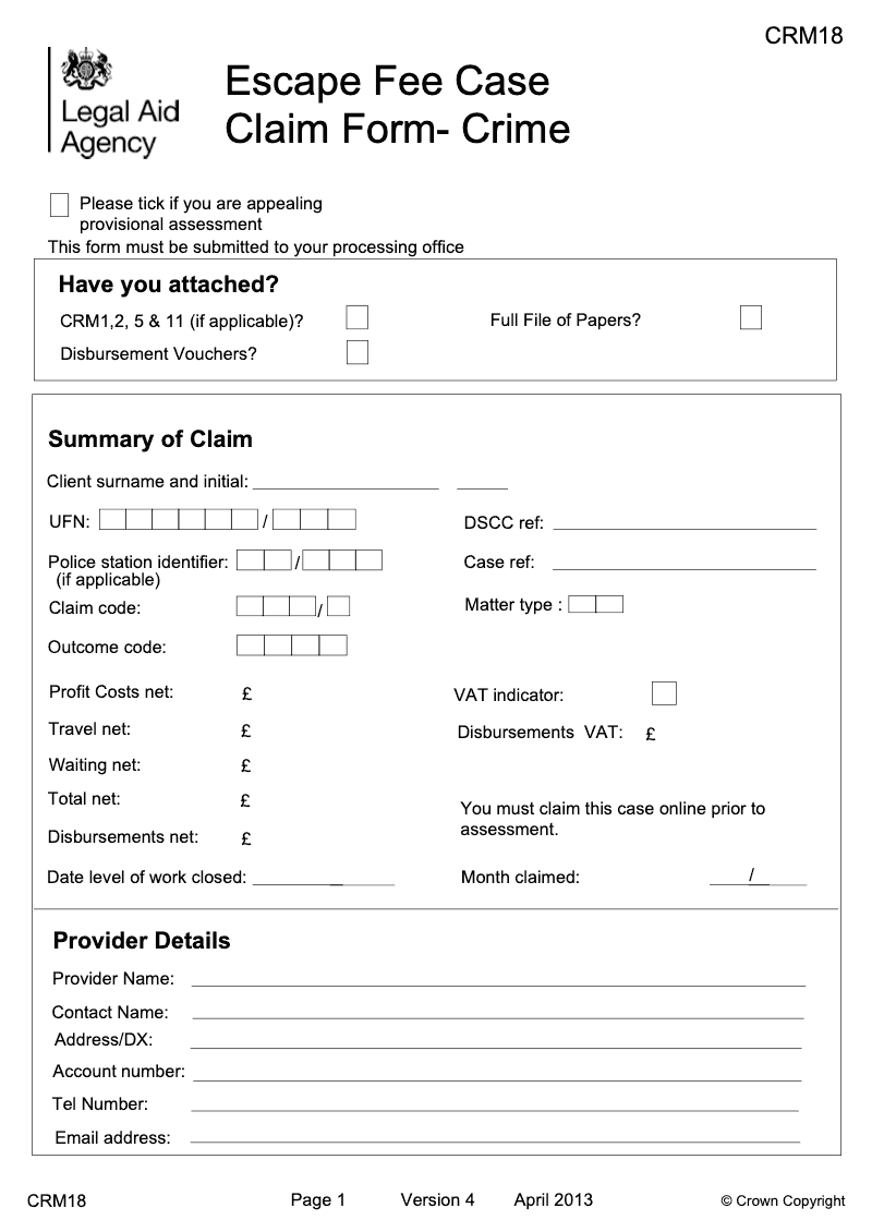 CRM18 Escape Fee Case Claim Form Crime preview