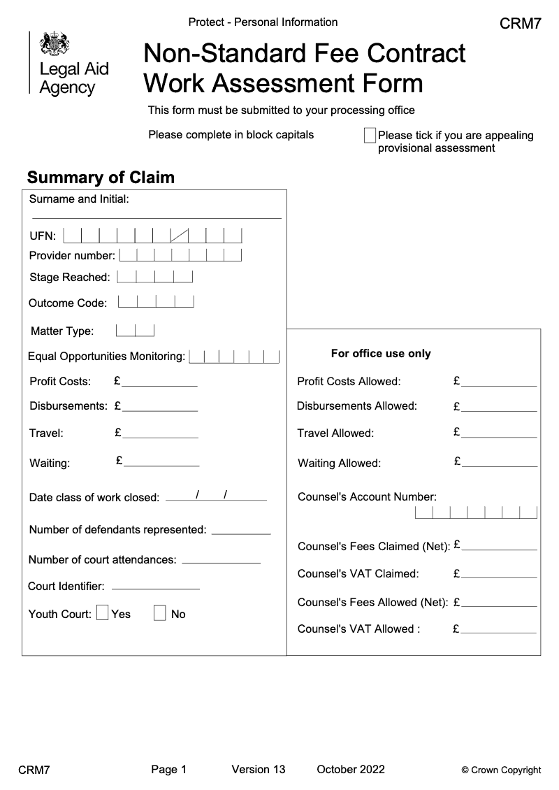 CRM7 Non standard fee contract work assessment form preview