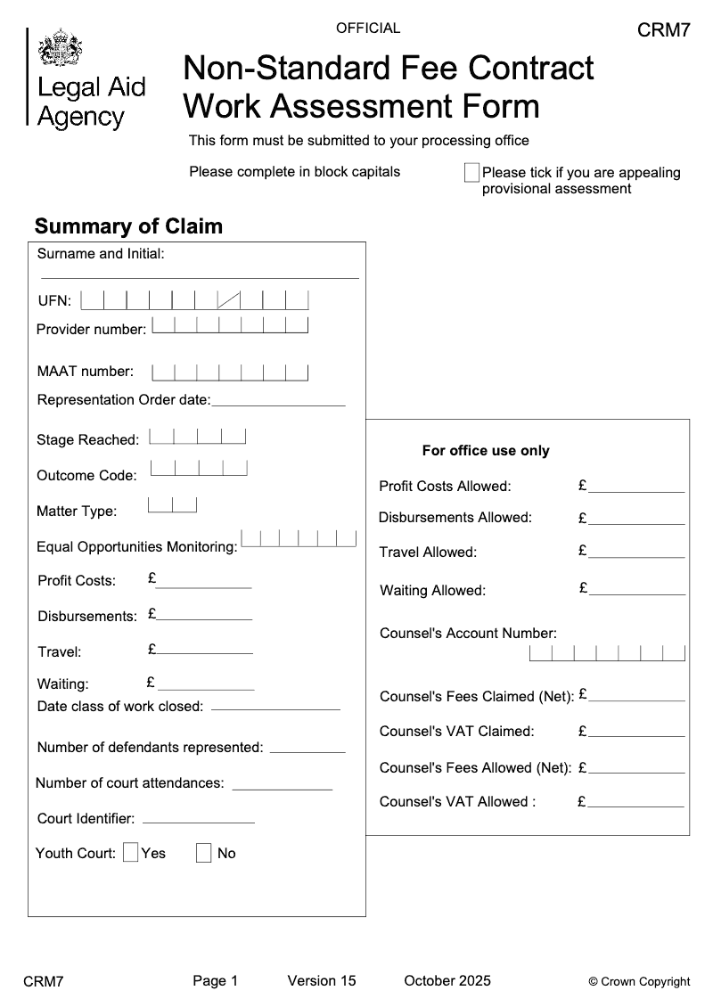 CRM7 Non standard fee contract work assessment form preview