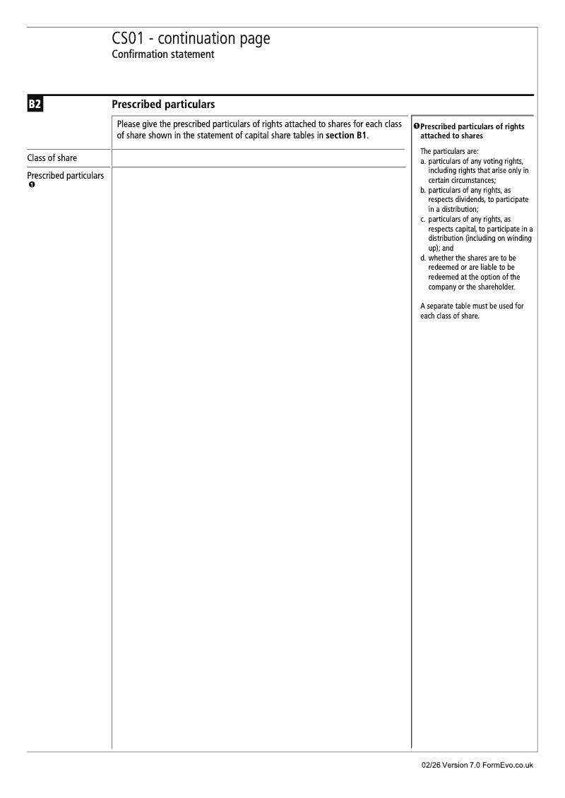 CS01 Continuation Page 2 Section B2 Statement of capital Prescribed particulars of rights attached to shares continuation page CS01 Completion Statement preview
