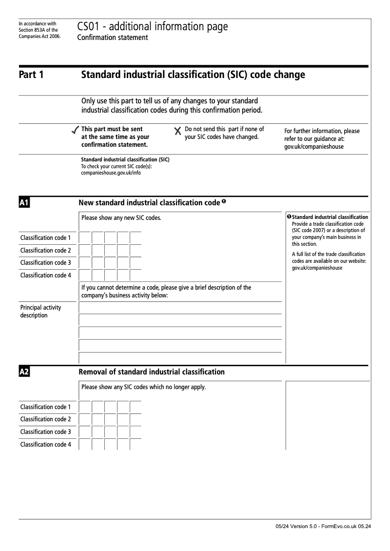 CS01 Part 1 Standard industrial classification SIC code change Confirmation statement Section 853A preview