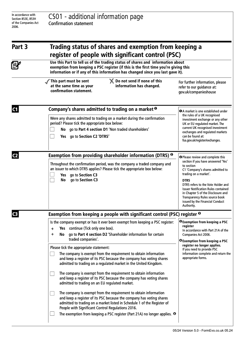 CS01 Part 3 Trading status of shares and exemption from keeping a register of people with significant control PSC Confirmation statement Section 853E and 853H preview