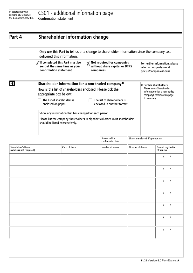 CS01 Part 4 Shareholder information change Confirmation statement Section 853F 853G preview