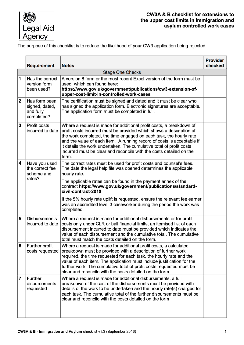 CW3 A B Checklist Checklist for extensions to the upper cost limits in Immigration and asylum controlled work cases preview