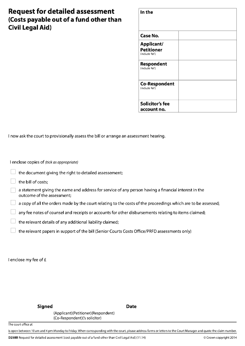 D258B Request for detailed assessment Costs payable out of a fund other than Civil Legal aid preview