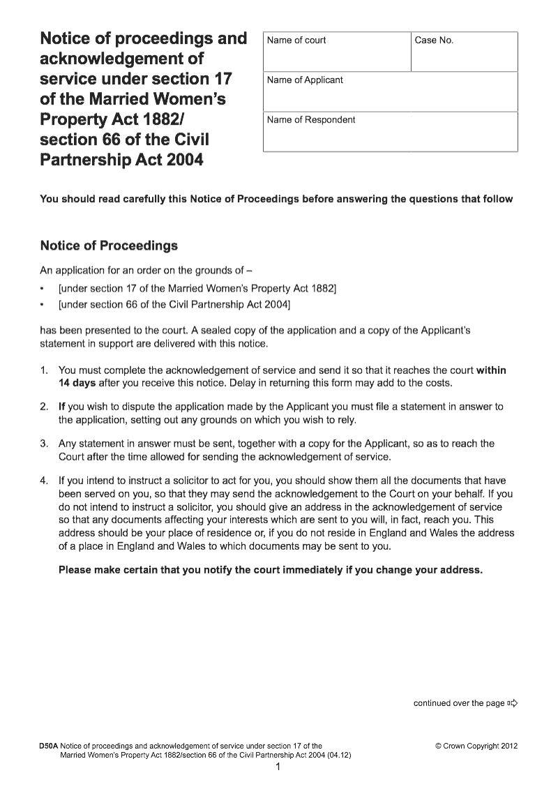 D50A Notice of proceedings and acknowledgement of service under section 17 of the Married Women s Property Act 1882 section 66 of the Civil Partnership Act 2004 DIV12 preview