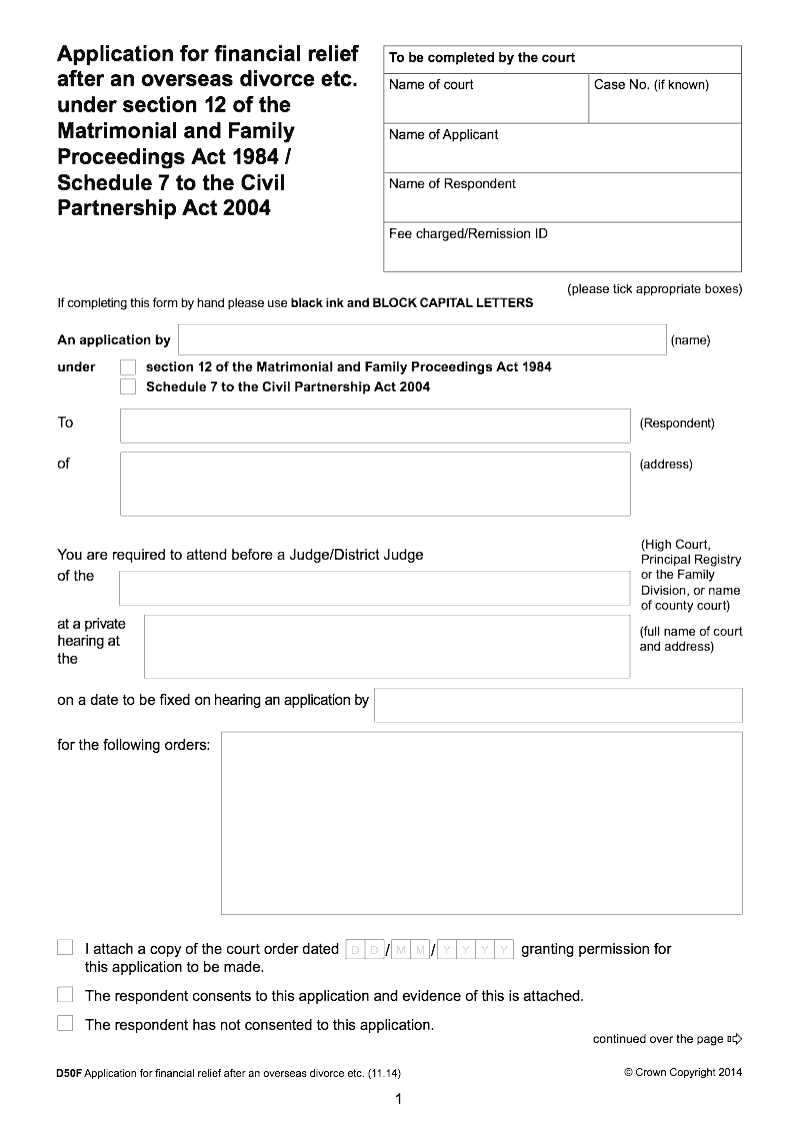 D50F Application for financial relief after an overseas divorce etc under section 12 of the Matrimonial and Family Proceedings Act 1984 Schedule 7 to the Civil Partnership Act 2004 preview