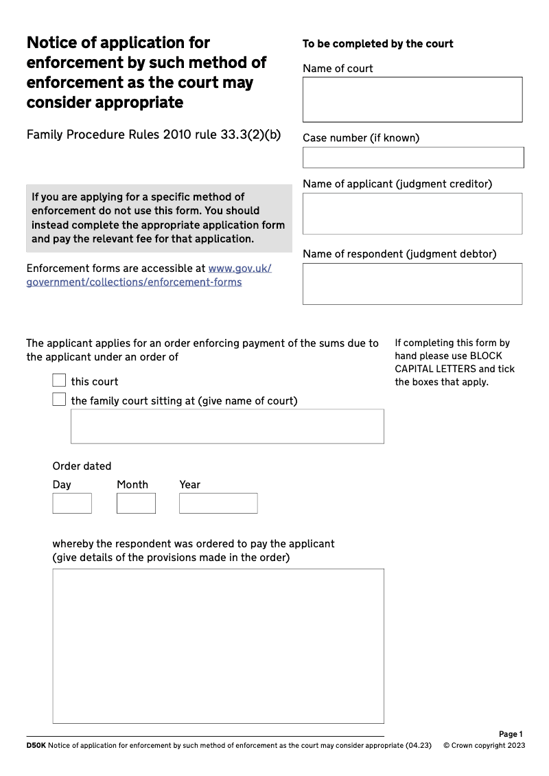 D50K Notice of Application for Enforcement by such method of enforcement as the court may consider appropriate preview