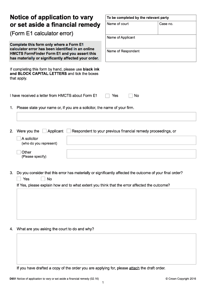 D651 Notice of application to vary or set aside a financial remedy (Court Service online version of Form E1 calculator error) preview