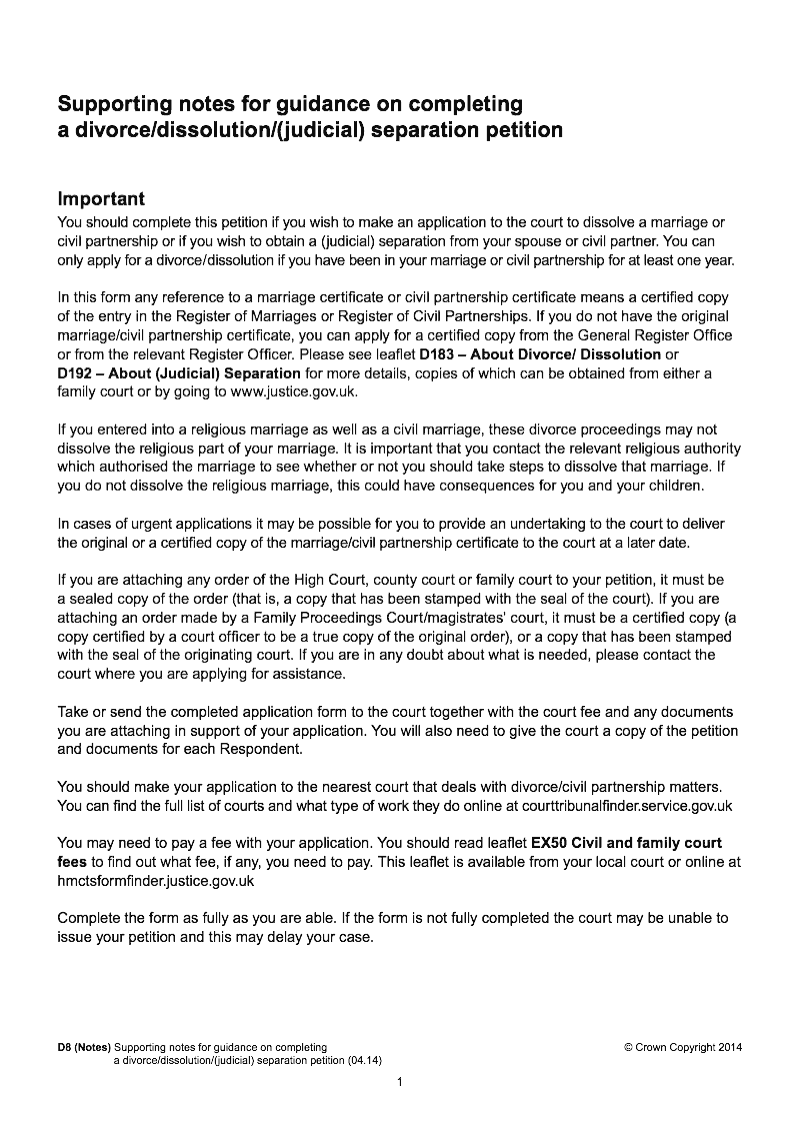 D8 Notes PreApril 2022 Supporting notes for guidance on completing a divorce dissolution judicial separation petition D8 form pre April 2022 version preview